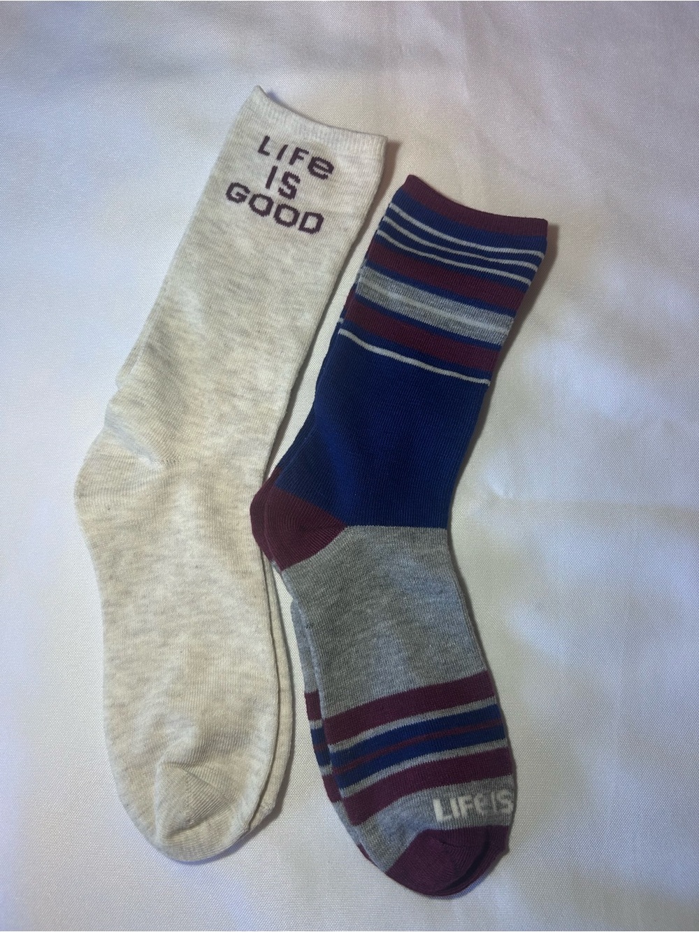 Life Is Good Unisex Crew Socks - Oatmeal & Navy with Burgundy Stripes